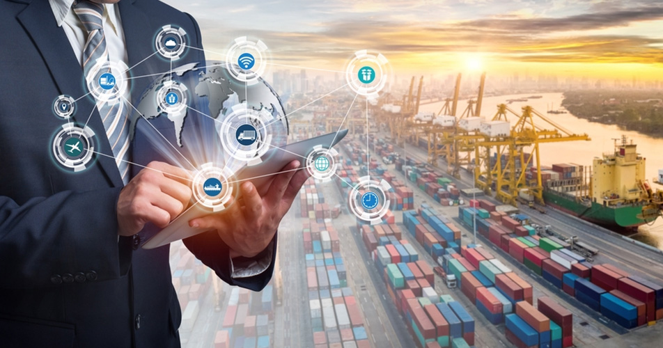 A man planning logistics online