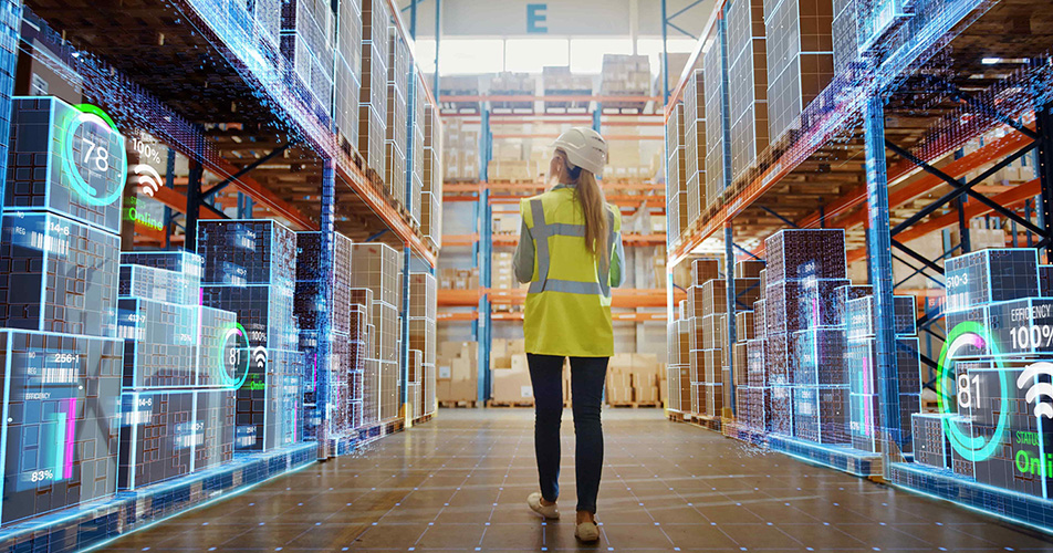 A lady inspecting warehouse